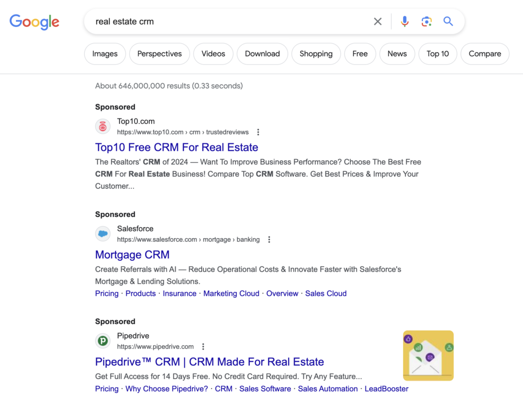 Screenshot of paid search results (PPC) for keyword "real estate crm"