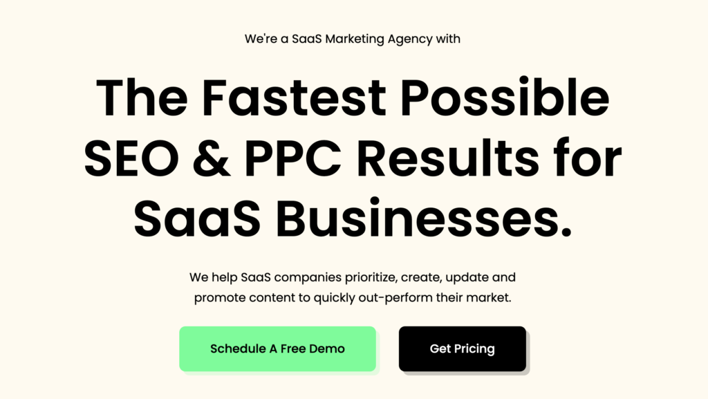 SEO Agency Homepage. The image shows the message "The Fastest Possible SEO & PPC Results for SaaS Businesses."